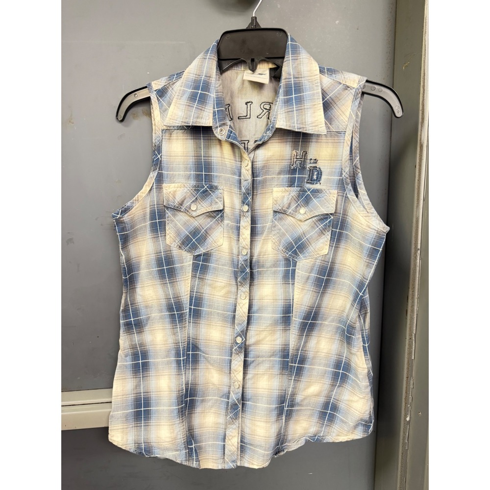 Harley-Davidson Womens Plaid Sleeveless Button Up Shirt Blue Cream Medium